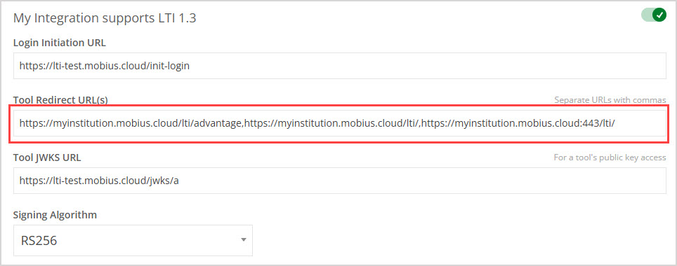 Under the enabled My integration supports LTI 1.3 radio button, the Tool Redirect URL(s) field contains 3 addresses including the Redirect URI from Mobius.